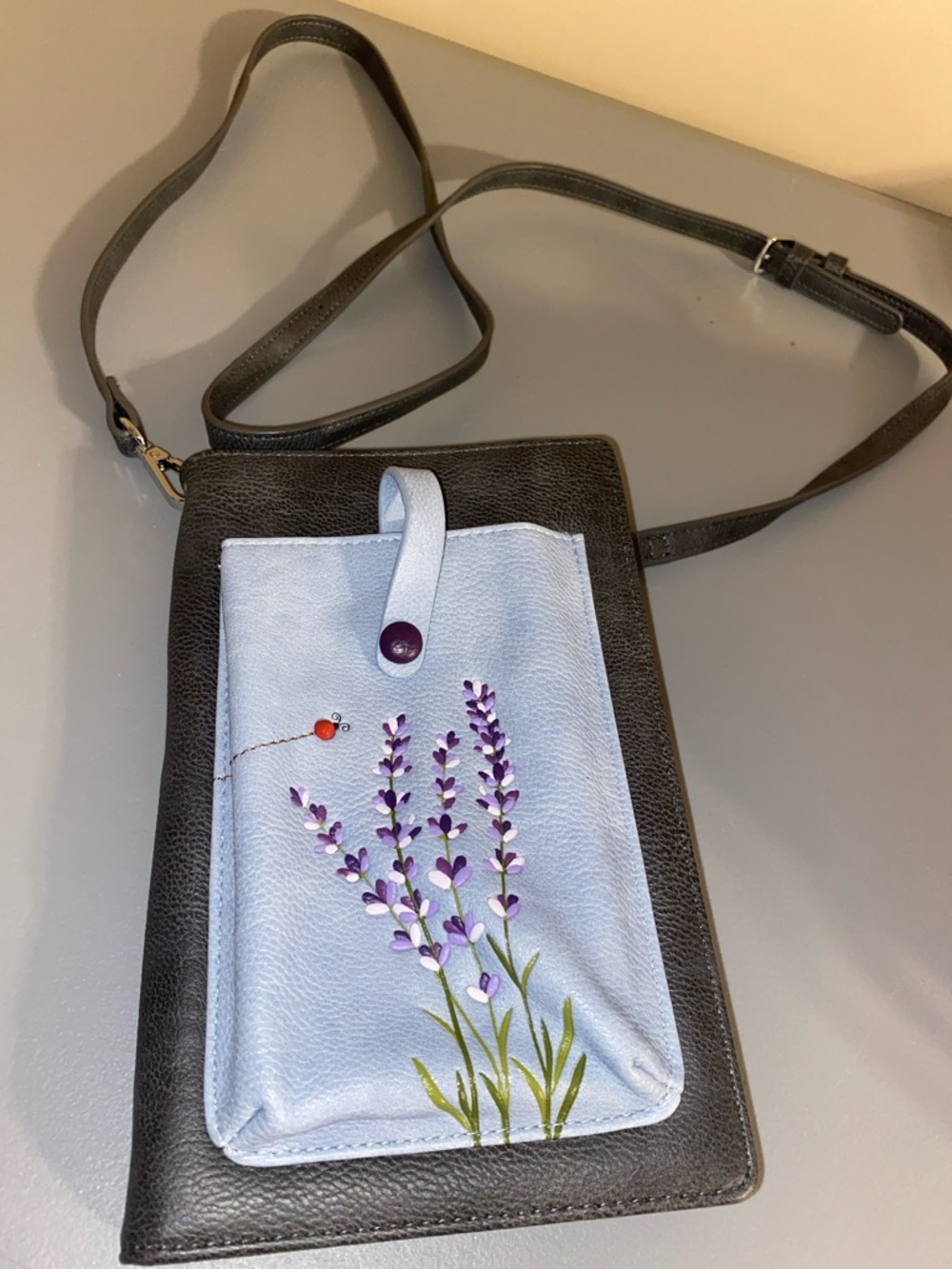 ESPE Crossbody with Lavender Floral Front Pocket - Light Blue & Black - Picture 2 of 9